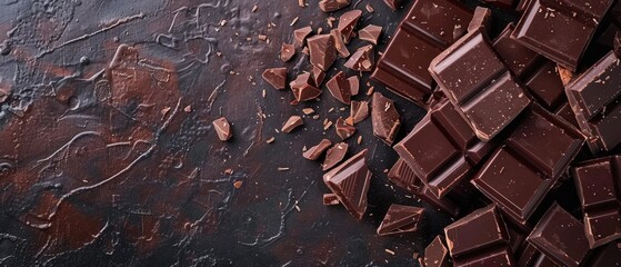 Broken chocolate pieces on a black background. Flat lay composition with copy space for dessert and confectionery design. Top down aerial view of chocolate piece scattering at vibrant color. AIG55.