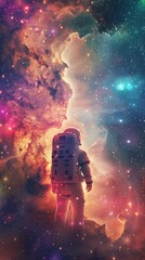 Wall Mural - an astronaut in a white space suit with an orange backpack stands on an alien planet, surrounded by 