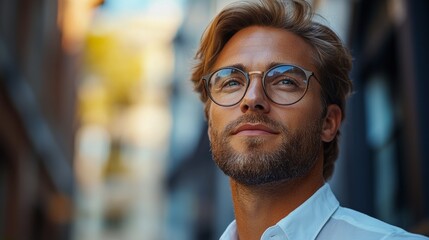 A man with glasses is looking up at the sky