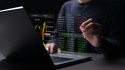 An analyst uses a computer and dashboard for data business analysis. Data analytics automated with AI technology. Big data, business analytics and artificial intelligence automation.