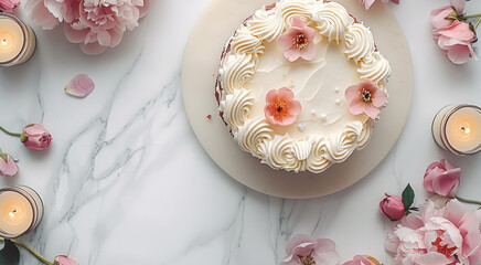 Poster - Background of birthday in top view, cozy style, combined with cake, flowers on top of white cozy table. top view.
