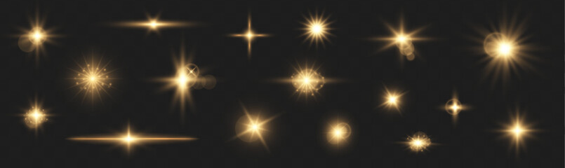 Poster - Set of realistic yellow light explosions on transparent background. Vector golden light with glare. Wall texture with organic drop diagonal shadow and rays of light on a white wall.	