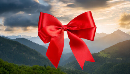 A vibrant red bow floats against a picturesque mountain landscape at sunset, enhancing the serene atmosphere