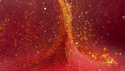 Poster - Sparkling golden dust swirls gracefully in a vibrant red backdrop during a creative art project capturing dynamic movement