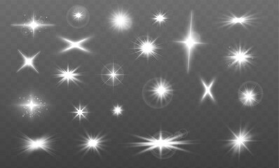 Fototapete - Set of bright white light effects, glare, explosion, glow, dust, lines, sun glare, sparks and stars, spotlight for Christmas holiday illustrations.