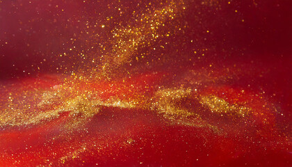 Poster - Sparkling golden dust creates a stunning cosmic effect on a vibrant red backdrop during a creative art session