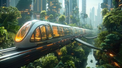 Aufkleber - City of Ideals, futuristic railway, surrounded by towers, lots of green trees, neon.