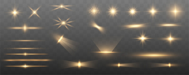 Aufkleber - Large collection of bright yellow light effects for your design on transparent background. Sparkle sun rays. Sunbeams special lens flare. Golden star. Vector. 
