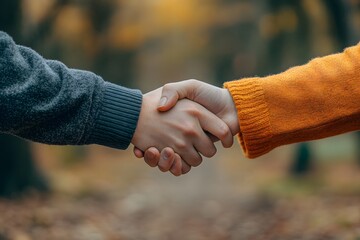 Two hands shake warmly, symbolizing connection and partnership, set against a soft-focus autumn landscape.