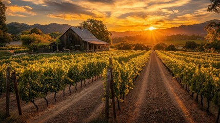 Poster - A Rustic Cabin Nestled Amidst Golden Vines at Sunset