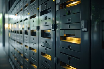 Poster - Server room with numerous servers operating at high capacity, illuminated by warm lights