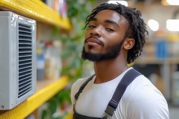 A confident young man with well-groomed dreadlocks, standing with a calm expression in casual attire in an engaging background that incorporates modern interior elements.