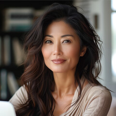 Wall Mural - an Asian woman 40 year old with dark brown semi-long hair, talking to a computer with a fresh expression and a slight smile on her face.