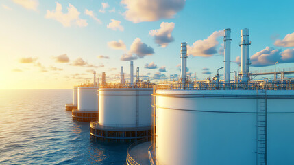 Large industrial storage tanks on a tranquil ocean at sunset, showcasing modern energy infrastructure under a clear blue sky with scattered clouds.