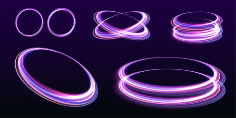Aufkleber - Set of neon blurry light circles at motion . Vector swirl trail effect. Abstract vector fire circles, sparkling swirls and energy light spiral frames.	