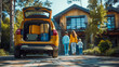 © silvia - Family Preparing for a Trip: Back View of Car Trunk Packed with Suitcases and Rucksacks with House in the Background