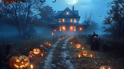 A foggy dirt road with a scare crow smiling forward and jack o' lanterns leading to a haunted house with candles in the window on a foggy night.