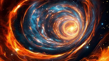 Poster - golden vortex of energy is spinning in outer space, surrounded by blue and orange particles. this ab