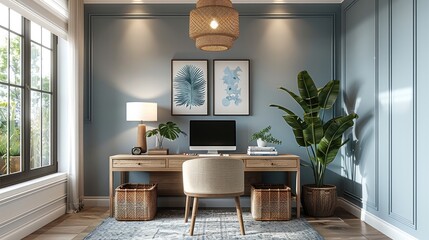 Poster - Home Office with a Warm vibe, featuring Woven storage baskets furniture, White plaster walls, and a Light blue color scheme. with minimalist wall art.