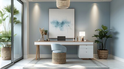 Poster - Home Office with a Warm vibe, featuring Woven storage baskets furniture, White plaster walls, and a Light blue color scheme. with minimalist wall art.