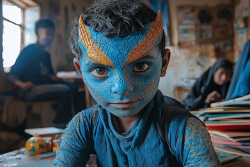 A young boy with blue and gold face paint, looking intensely at the camera