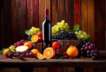 vibrant red wine bottle surrounded colorful food pairings like fruits rustic wooden table, cheese, grapes, display, beverage, glass, textures, setting, dinner