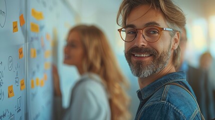 Poster - A group of coworkers having a casual meeting around a whiteboard in a bright office.