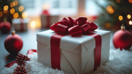 Christmas festive white box tied with a red bow near a Christmas tree with toys