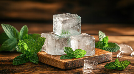 Poster - Three ice cubes on a wooden board with green leaves