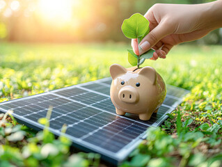 Poster - A hand is putting a plant into a piggy bank