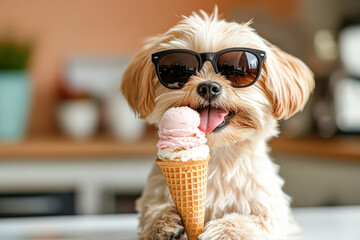 Wall Mural - A small dog is holding an ice cream cone in its mouth