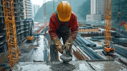 Fototapete - Asian worker pours cement at construction site, in the background are multiple tower cranes.