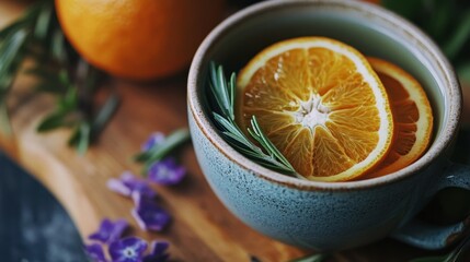 Poster - Orange Slices and Rosemary in a Blue Ceramic Bowl