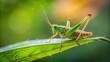 © beng - Grasshopper on a green leaf with blurred background silhouette