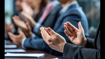 Indoor of meeting room in office for teamwork of business. Conference place to choose idea for management strategy or successful company. Businessman use hand celebrate for success governance. AIG53.