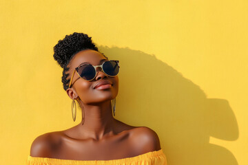 Positive young black woman is standing in front of yellow wall, wearing sunglasses and smiling