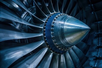 Powerful jet engine turbine spinning with motion blur effect