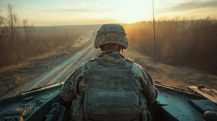 POV from behind a soldier in combat gear driving a tank