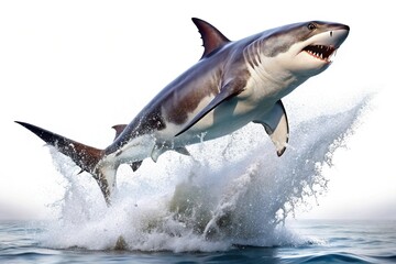 great white shark jumping out of water, isolated on white background