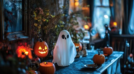 Poster - halloween celebration with spooky decorations and fun ghost props