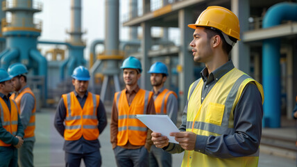 A safety-conscious supervisor leads a team of workers in a vibrant industrial setting. Ideal for construction, safety training, and corporate presentations focused on teamwork and leadership