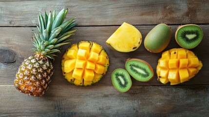 Poster - A Still Life of Pineapple, Mango, and Kiwi on a Wooden Surface