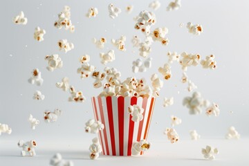 Popcorn overflowing from a striped container on a red background. Popcorn contained in popcorn bucket with bright and crispy texture. Food photography design. Cinema and entertainment. AIG51.