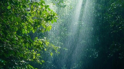 3 gentle rain falling on a lush green forest, peaceful weather, natures tranquility