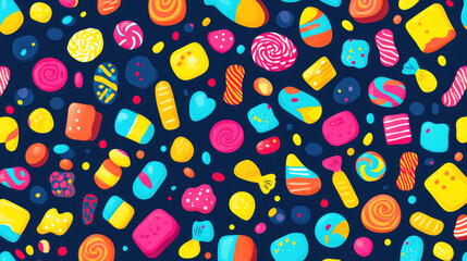 A colorful candy pattern featuring various vibrant sweets on a dark background in a seamless design ideal for playful art projects