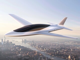 Sleek electric air taxi hovering above futuristic city skyline, smooth aerodynamic design, golden hour sunlight, modern transportation concept.