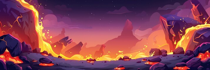 Wall Mural - a fiery landscape with lava and rocks. the sky is dark and the scene is full of energy