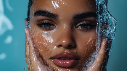 Close-up portrait of a young woman with water cascading over her face, her eyes gazing directly at the camera.