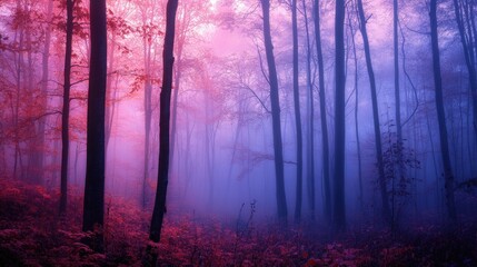  An enchanting twilight forest with soft mist and glowing pink and lavender skies showcases vibrant autumn colors