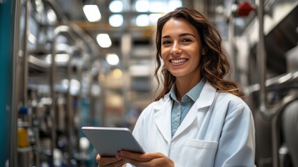 Sticker - A woman in a white lab coat is holding a tablet in her hand